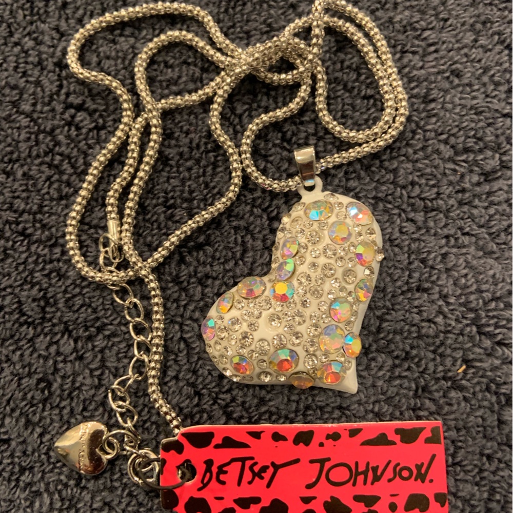 On sale! BJ necklace, different size rhinestones on white heart. Drop is 12”.